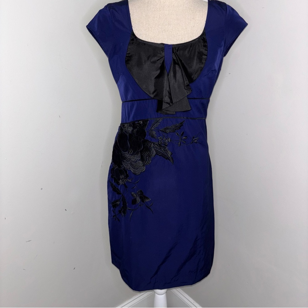 Floreat Anthropologie navy blue & black embroidered cap sleeve sheath dress sz 4